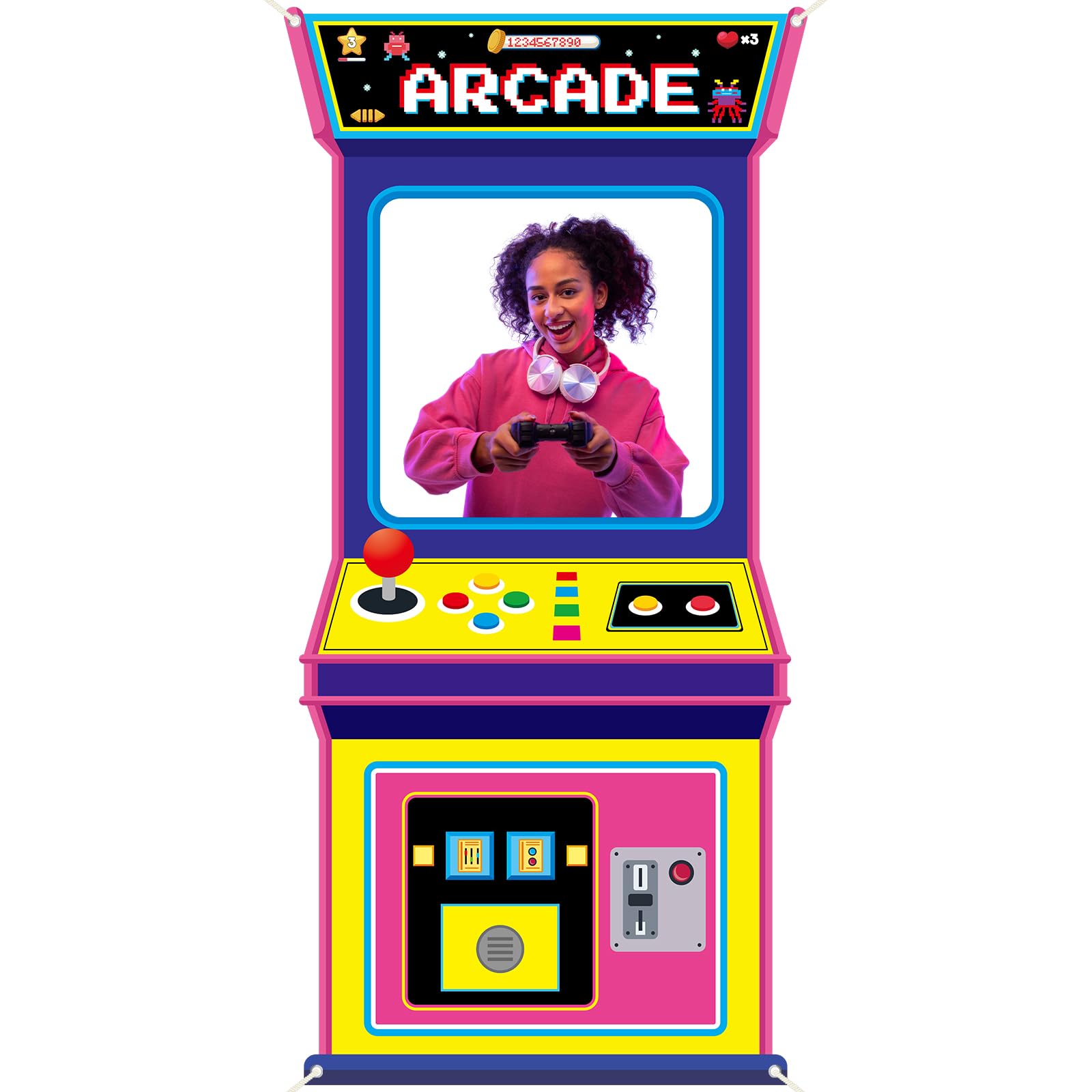 Retro Gaming Games - Retro-Videospiel-Stoff-Hintergrund für Arcade-Spiele, Neon-Party-Fotokulisse, 80er- und